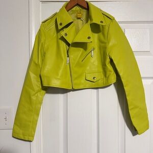 Lime Green Cropped Leather Moto Jacket L